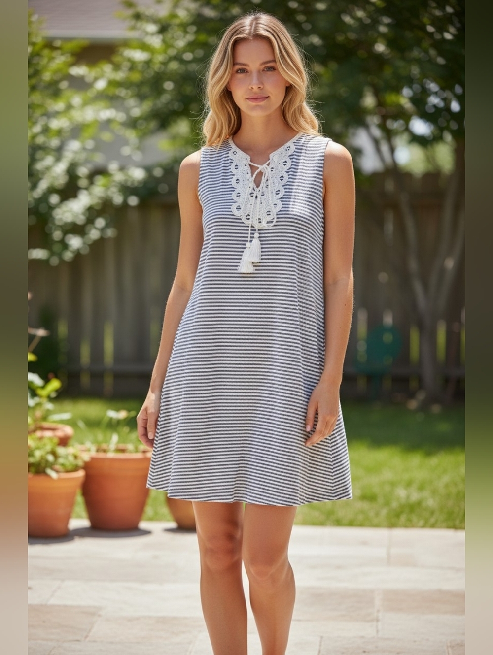 Max Studio Navy White Striped Sleeveless Tassel Lace Mini Dress XS NWT